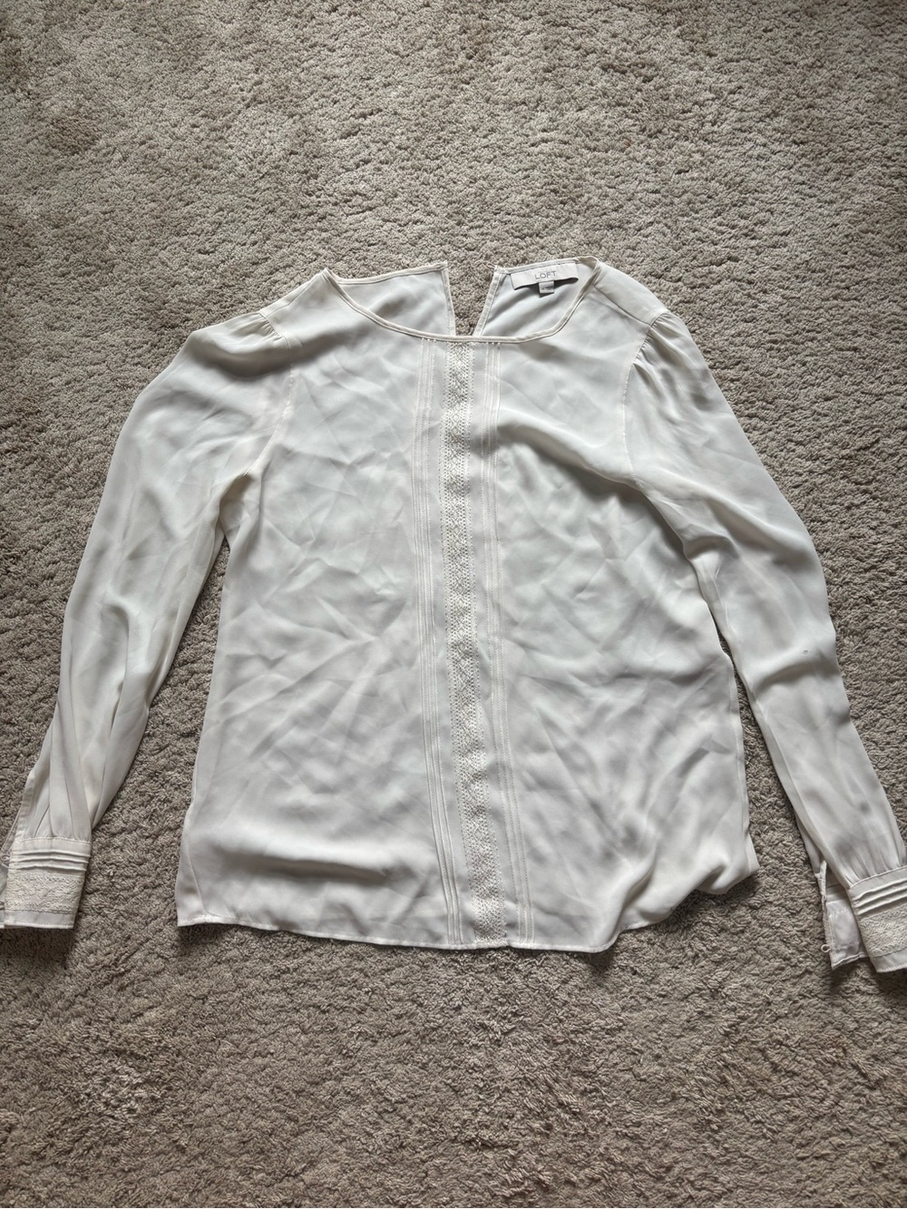 LOFT Ivory Lace-Trim Long Sleeve Blouse